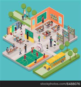 Isometric School Interior. Isometric school interior with 3d indoors objects and people figures. Teacher near blackboard in classroom. Learning process in classroom, gym class, pupils in the library, school bus.