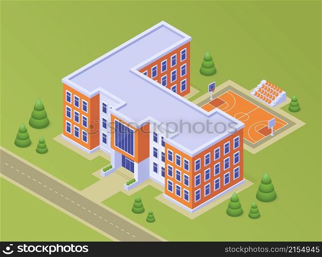 Isometric school or university building with basketball stadium on schoolyard, road, green lawn and trees. Educational modern campus for students, city low poly architecture 3d vector illustration. Isometric school building with basketball stadium