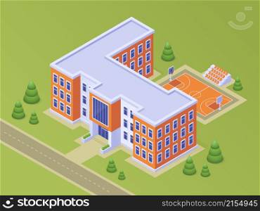Isometric school or university building with basketball stadium on schoolyard, road, green lawn and trees. Educational modern campus for students, city low poly architecture 3d vector illustration. Isometric school building with basketball stadium