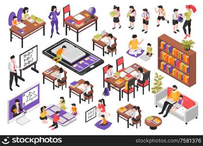 Isometric school set with isolated human characters of young pupils teachers with classroom furniture and books vector illustration