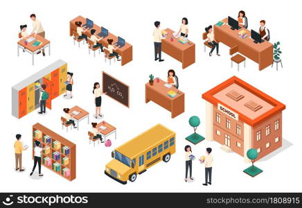 Isometric school. Teacher at blackboard, pupils sitting at desks. School building and bus, classroom furniture. Teachers and students vector set. Pupils hiding books into lockers, reading in library. Isometric school. Teacher at blackboard, pupils sitting at desks. School building and bus, classroom furniture. Teachers and students vector set
