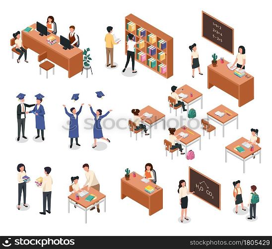 Isometric school. Teacher giving lesson to students. Pupils with backpacks. Classroom furniture and equipment, teachers, students vector set. Graduation ceremony and getting diploma. Isometric school. Teacher giving lesson to students. Pupils with backpacks. Classroom furniture and equipment, teachers, students vector set