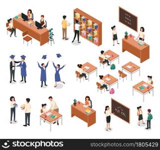 Isometric school. Teacher giving lesson to students. Pupils with backpacks. Classroom furniture and equipment, teachers, students vector set. Graduation ceremony and getting diploma. Isometric school. Teacher giving lesson to students. Pupils with backpacks. Classroom furniture and equipment, teachers, students vector set