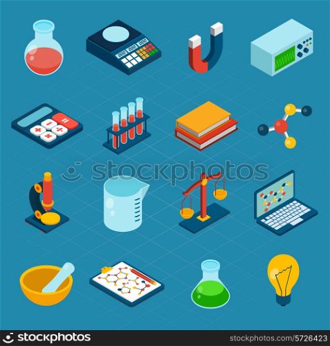 Isometric science 3d icons set with flask magnet calculator isolated vector illustration