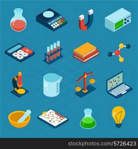 Isometric science 3d icons set with flask magnet calculator isolated vector illustration