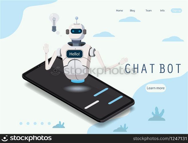 Isometric Science Chat bot, smartphone concept. Artificial Intelligence, Knowledge Expertise Intelligence Learn. Isometric Science Chat bot, smartphone concept. Artificial Intelligence, Knowledge Expertise Intelligence Learn. Web Page Element Of Website Or Mobile ApplicationsTechnology and engineering. Online training banner. Vector, illustration, isolated