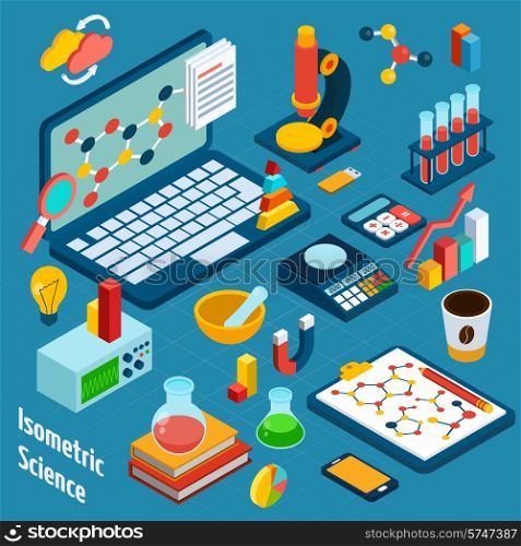 Isometric science workplace concept with computer and 3d chemistry and physics icons vector illustration