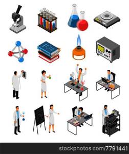 Isometric scientific laboratory set with isolated images of research equipment and human characters of scientists in uniform vector illustration. Scientific Laboratory Elements Set
