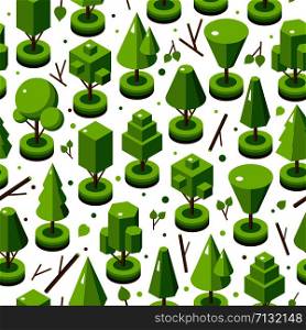 Isometric seamless pattern. Landscape constructor kit.. Isometric vector bright tree set in seamless pattern. Landscape constructor kit. Different trees for make nature design.
