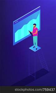 Isometric SEO specialist monitoring data with chart illustration. SEO optimization, digital marketing, data analysis and research concept. Blue violet background. Vector 3d isometric illustration.. Isometric SEO and data monitoring illustration.