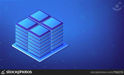 Isometric server computers on 19 inch racks as a concept of server room, global data center, information storage and data running in blue violet palette. Vector 3d illustration.. Isometric server room concept.