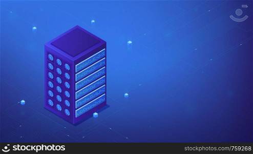 Isometric server farm concept. Power computer server as cluster server, cloud services, functionality performance and IT system concept in blue violet palette. Vector 3d illustration.. Isometric server farm concept.