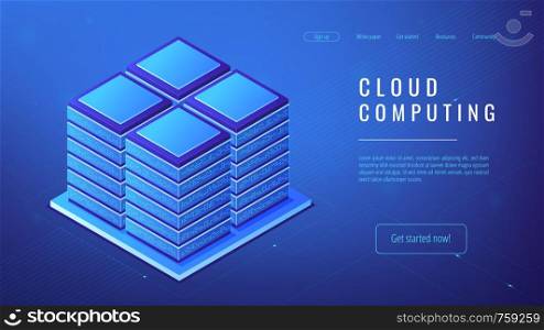 Isometric server farm Isometric server farm cloud computing concept. Power computer server as cluster server, cloud services, functionality performance and IT system concept in blue violet palette.. Isometric server farm cloud computing concept.