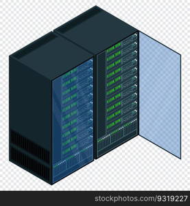 Isometric server. Network server room. 3D computer equipment. Storage database. Isometric technology. Vector illustration