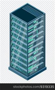 Isometric server. Network server room. 3D computer equipment. Storage database. Isometric technology. Vector illustration