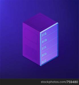 Isometric server rack with pluged in equipment. Server digital devices. Data storage, office network control and system administration concept. Ultraviolet background. Vector 3d illustration.. Isometric server rack. Vector 3d illustration.