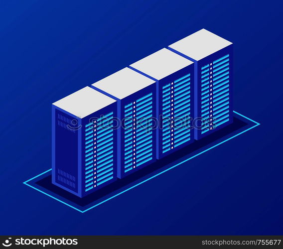 Isometric Server room and big data processing concept, datacenter and data base icon, digital information technology. Vector stock illustration.