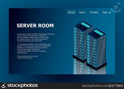Isometric server room. Futuristic technology of data protection and processing. Mainframe, powered server, high technology concept, data center. Vector illustration