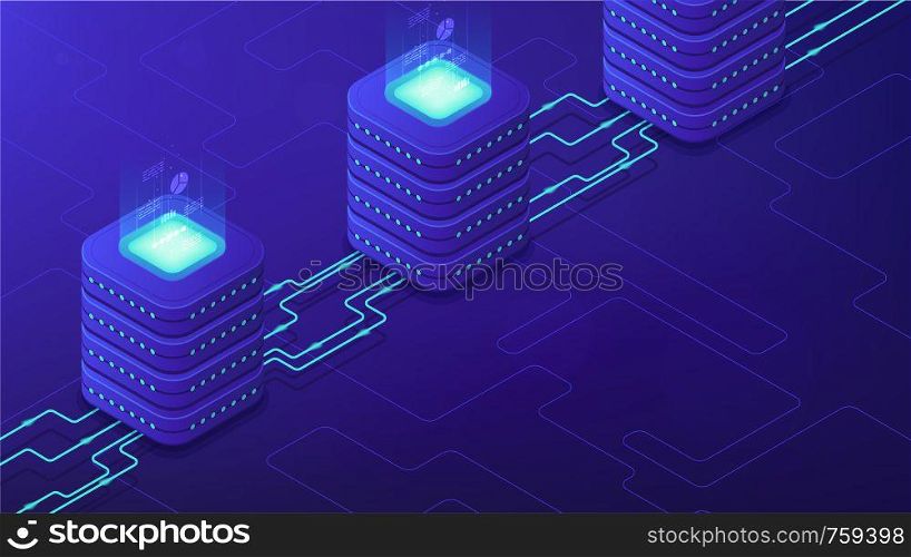 Isometric server-side processing concept. DNS, data tables, paging, searching, ordering, SQL engine, remote server, communications protocol on blue background. Vector 3d isometric illustration.. Isometric server-side processing concept.