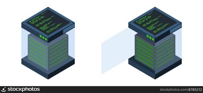 Isometric servers. Data storages. 3D computer equipment. Storage database. Equipment server network. Big data illustration