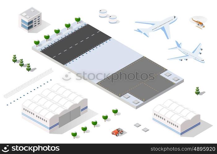 Isometric set 3D airstrip of the city international airport terminal and the plane transportation and airplane runway, aircraft jet. Urban transport and building construction. Roads, trees and paths.