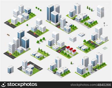 Isometric set 3D city three-dimensional summer town quarter. Skyscrapers, apartment, office, houses and streets with urban traffic movement of the car with trees and nature