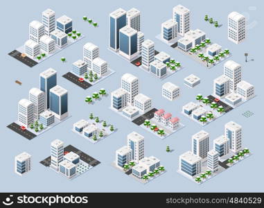 Isometric set 3D city three-dimensional winter town quarter. Skyscrapers, apartment, office, houses and streets with urban traffic movement of the car with trees and nature