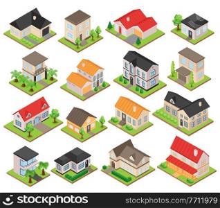 Isometric set of 3d one and two storeyed private houses with colorful roofs isolated vector illustration. Isometric Private House Set