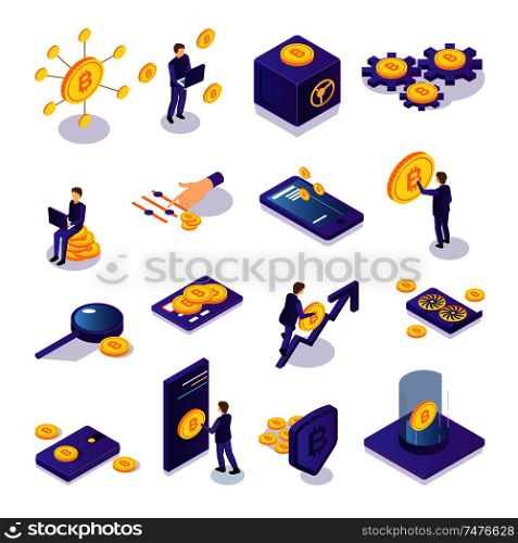 Isometric set of colorful cryptocurrency icons with people safe bitcoins card and electronic devices isolated on white background 3d vector illustration