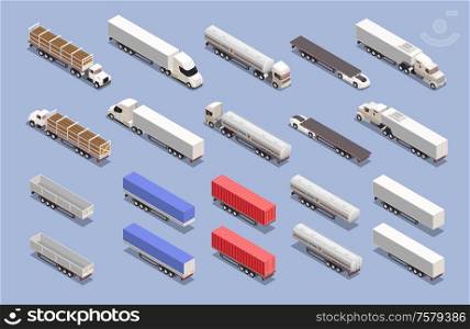Isometric set of colorful icons with cargo transport trucks and trailers isolated on blue background 3d vector illustration