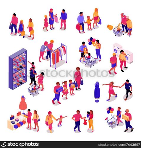 Isometric set of colorful icons with families shopping for clothes shoes interior objects isolated on white background 3d vector illustration. Family Shopping Icons Set