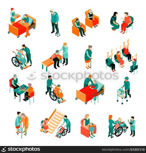 Isometric set of elderly people in different situations and medical staff in nursing home isolated vector illustration. Elderly People Nursing Home Isometric Set