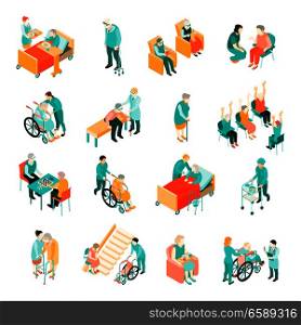 Isometric set of elderly people in different situations and medical staff in nursing home isolated vector illustration. Elderly People Nursing Home Isometric Set