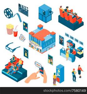Isometric set of icons with cinema building hall tickets posters people popcorn isolated on white background 3d vector illustration