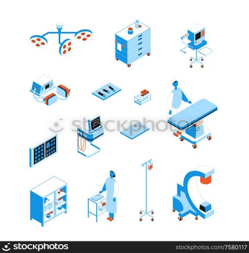Isometric set of icons with surgical equipment instruments and operating room interior isolated on white background 3d vector illustration