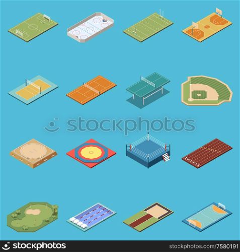 Isometric set of icons with various sport fields lanes courts rings isolated on blue background 3d vector illustration