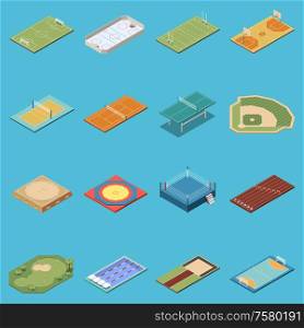 Isometric set of icons with various sport fields lanes courts rings isolated on blue background 3d vector illustration