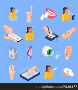 Isometric set of icons with various ways of biometric recognition using face voice fingerprint digital signature veins matching isolated vector illustration