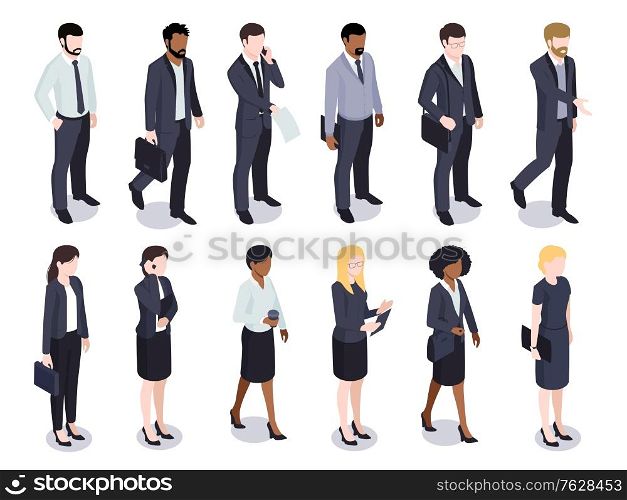 Isometric set of isolated businessmen businesswomen male and female faceless characters wearing costumes on blank background vector illustration