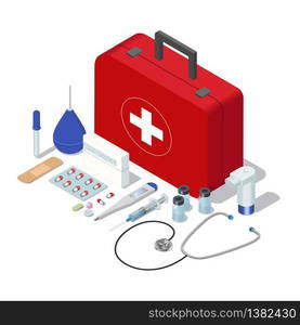 Isometric set of isolated doctor case first aid kit tools and medicaments. Vector web infographics concept.