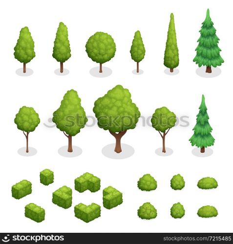 Isometric set of park plants with green trees and bushes of various shapes isolated vector illustration. Park Plants Isometric Set