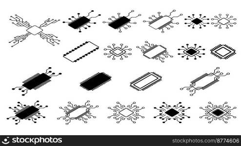 Isometric set of simple schematic chips and components for microcircuits isolated on white background. Technical clipart. Vector design element.. Isometric set of simple schematic chips and components for microcircuits isolated on white background. Technical clipart. Vector element.