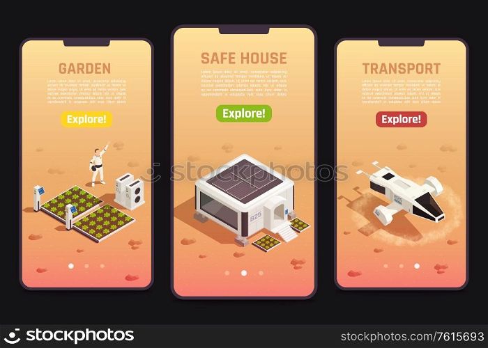 Isometric set of space colonization templates with astronaut safe house garden and drone for exploration 3d isolated vector illustration