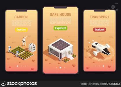 Isometric set of space colonization templates with astronaut safe house garden and drone for exploration 3d isolated vector illustration