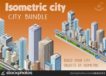 Isometric set of the modern 3D city. Landscape trees, streets. Three-dimensional views of skyscrapers, houses, buildings and urban areas with transport roads, urban intersections
