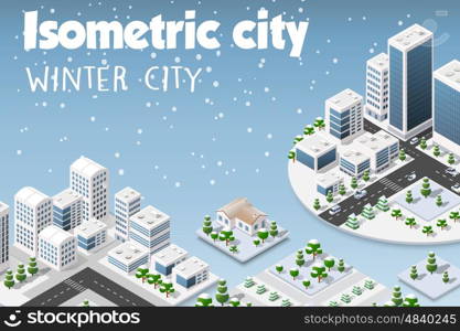 Isometric set of the modern 3D city. Winter landscape snowy trees, streets. Three-dimensional views of skyscrapers, houses, buildings and urban areas with transport roads, urban intersections