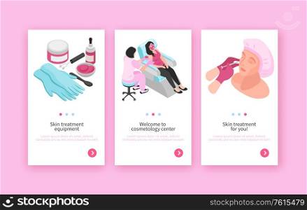 Isometric set of three cosmetologist banners with page switch buttons editable text and medical procedures images vector illustration