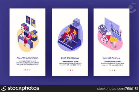 Isometric set of three vertical cinema banners with auditorium concession stand and online movie theater 3d isolated vector illustration