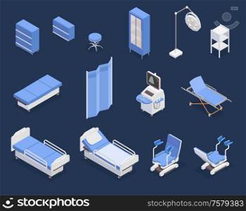 Isometric set of various medical equipment icons with hospital bed gynecological examination chair ultrasonography apparatus isolated on blue background 3d vector illustration