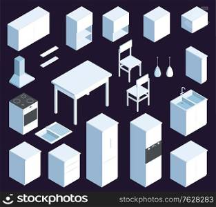 Isometric set of white kitchen furniture with table cupboard shelf sink cooker chair lamp isolated on dark background 3d vector illustration